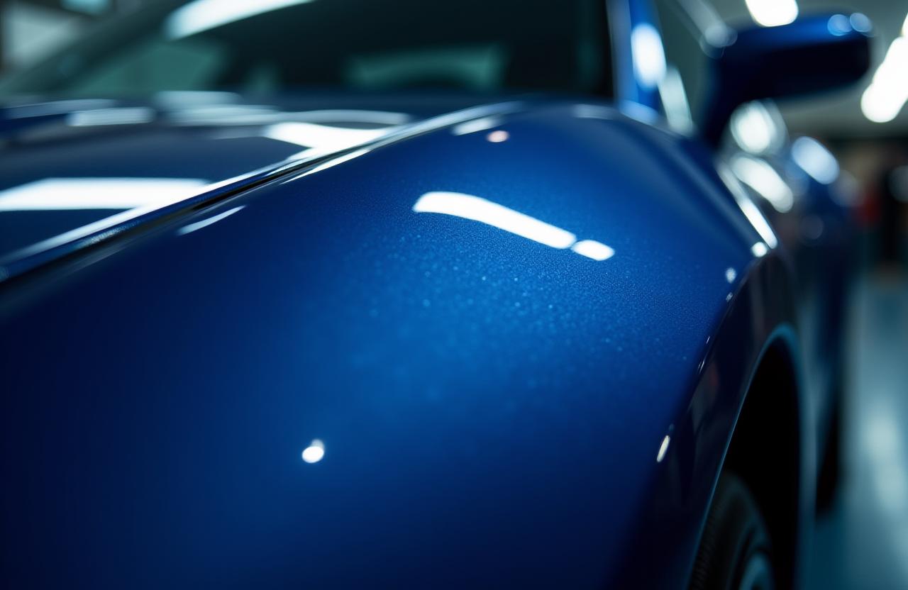 Nahaufnahme eines perfekt polierten blauen Luxusautos
