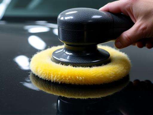 Poliermaschine arbeitet auf einer schwarzen Motorhaube
