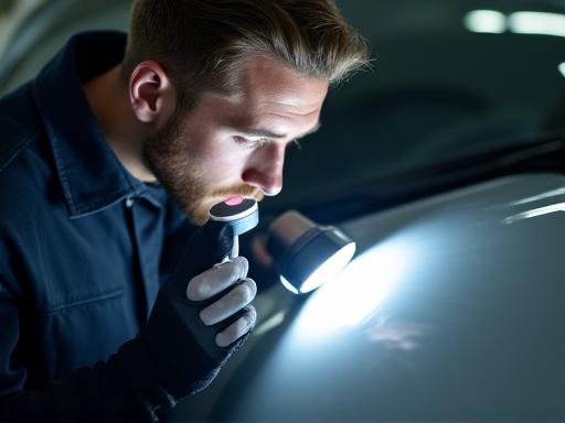 Detailer inspiziert Autolack mit einer speziellen Lampe